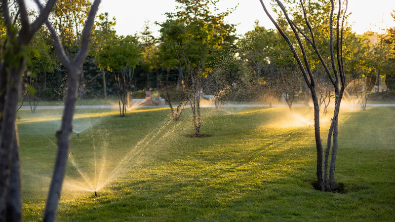 Aspersores regando un césped al atardecer